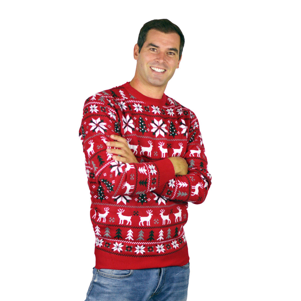 Mens Red Ugly Christmas Sweater with Reindeers, Trees and Polar Star