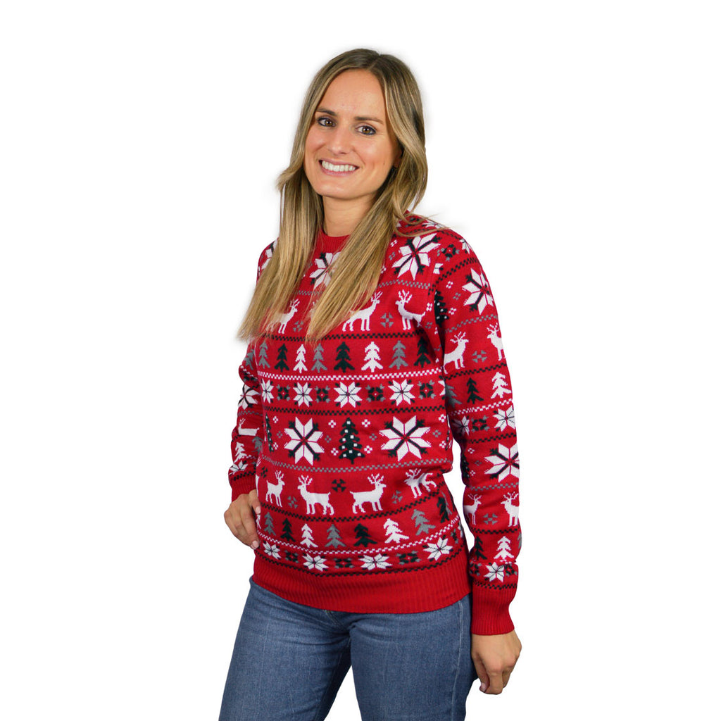 Womens Red Ugly Christmas Sweater with Reindeers, Trees and Polar Star