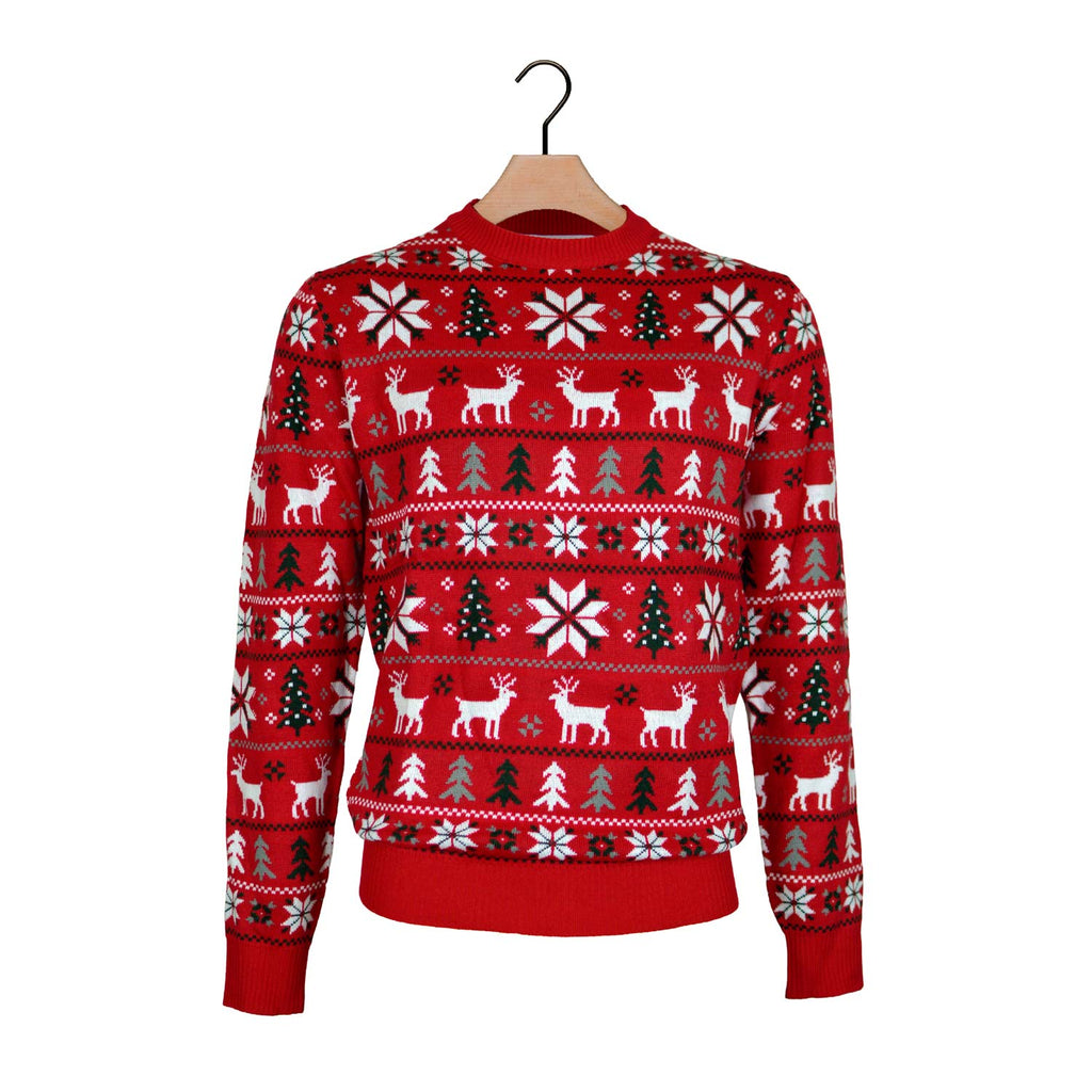 Red Ugly Christmas Sweater with Reindeers, Trees and Polar Star