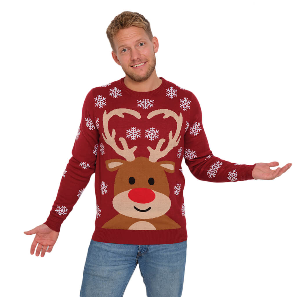 Mens Red Ugly Christmas Sweater with Rudolph the Reindeer