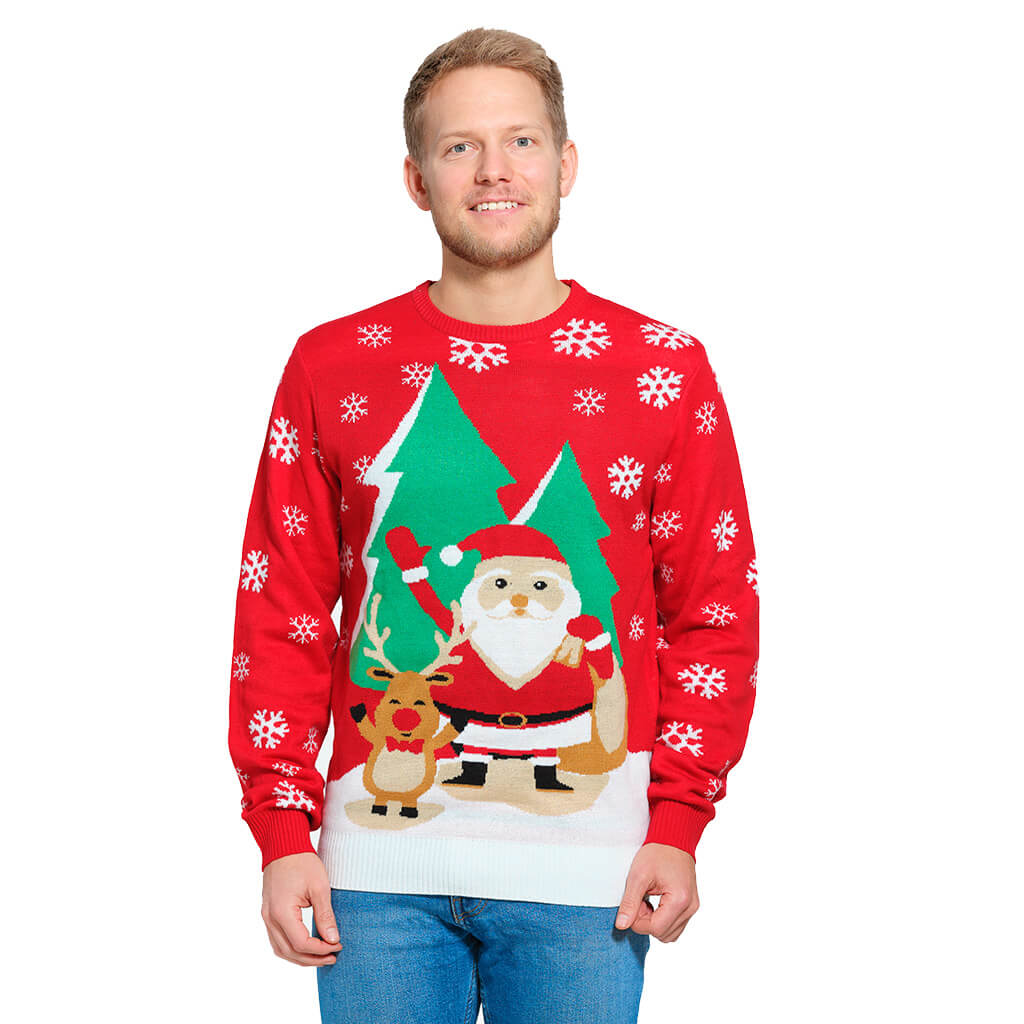 Mens Red Ugly Christmas Sweater with Santa and Reindeer Greeting