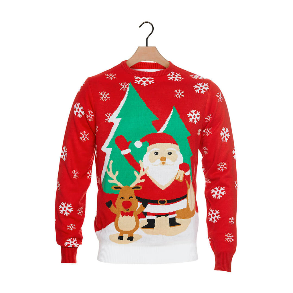 Red Ugly Christmas Sweater with Santa and Reindeer Greeting