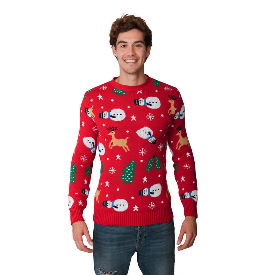 Mens Red Ugly Christmas Sweater with Santa, Trees and Snowmens