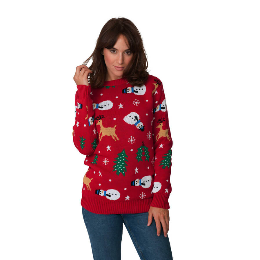Womens Red Ugly Christmas Sweater with Santa, Trees and Snowmens