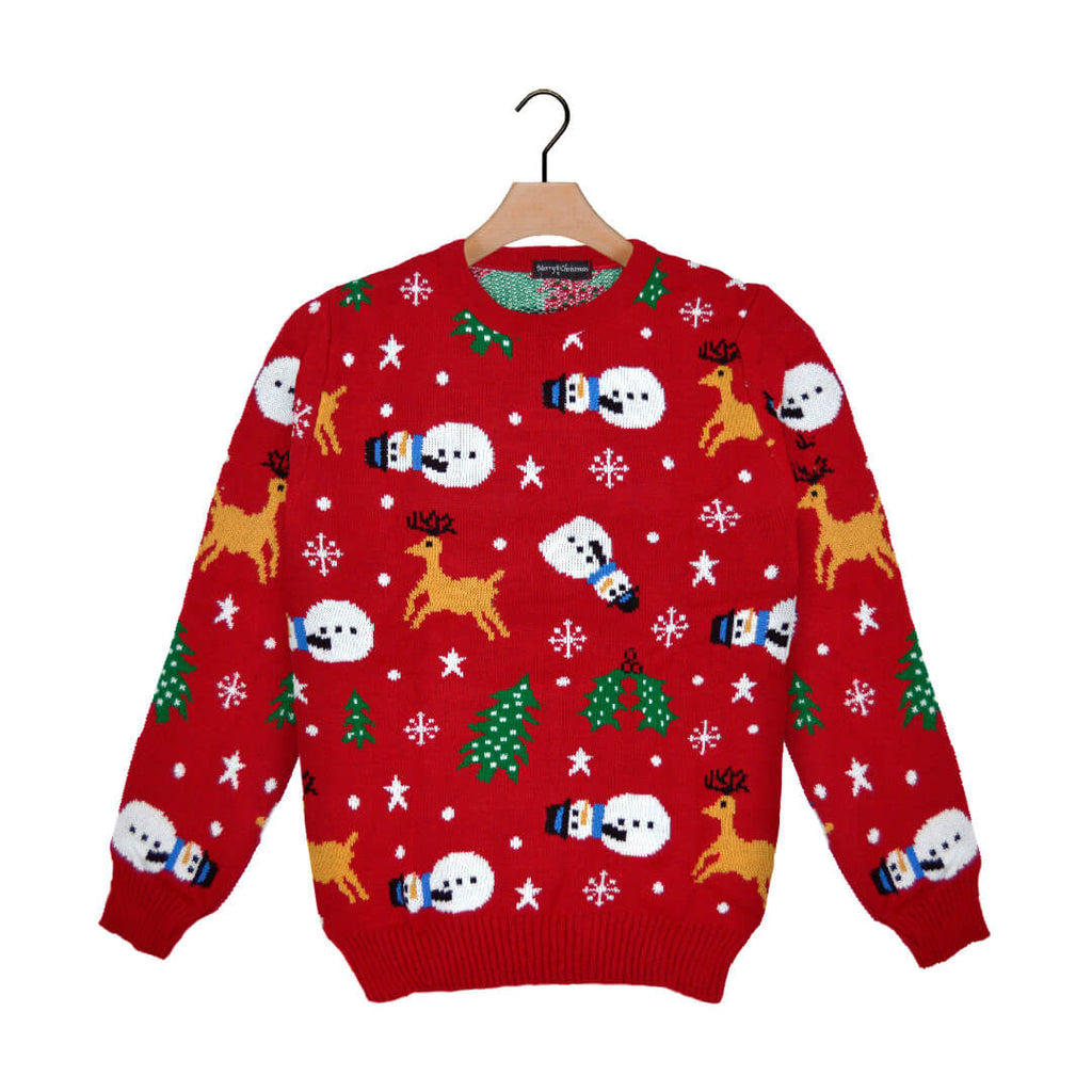 Red Ugly Christmas Sweater with Santa, Trees and Snowmens
