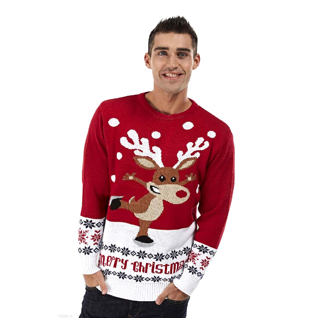 Mens Red Ugly Christmas Sweater with Skating Reindeer
