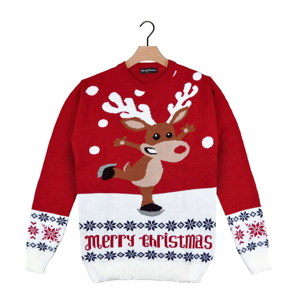 Red Ugly Christmas Sweater with Skating Reindeer