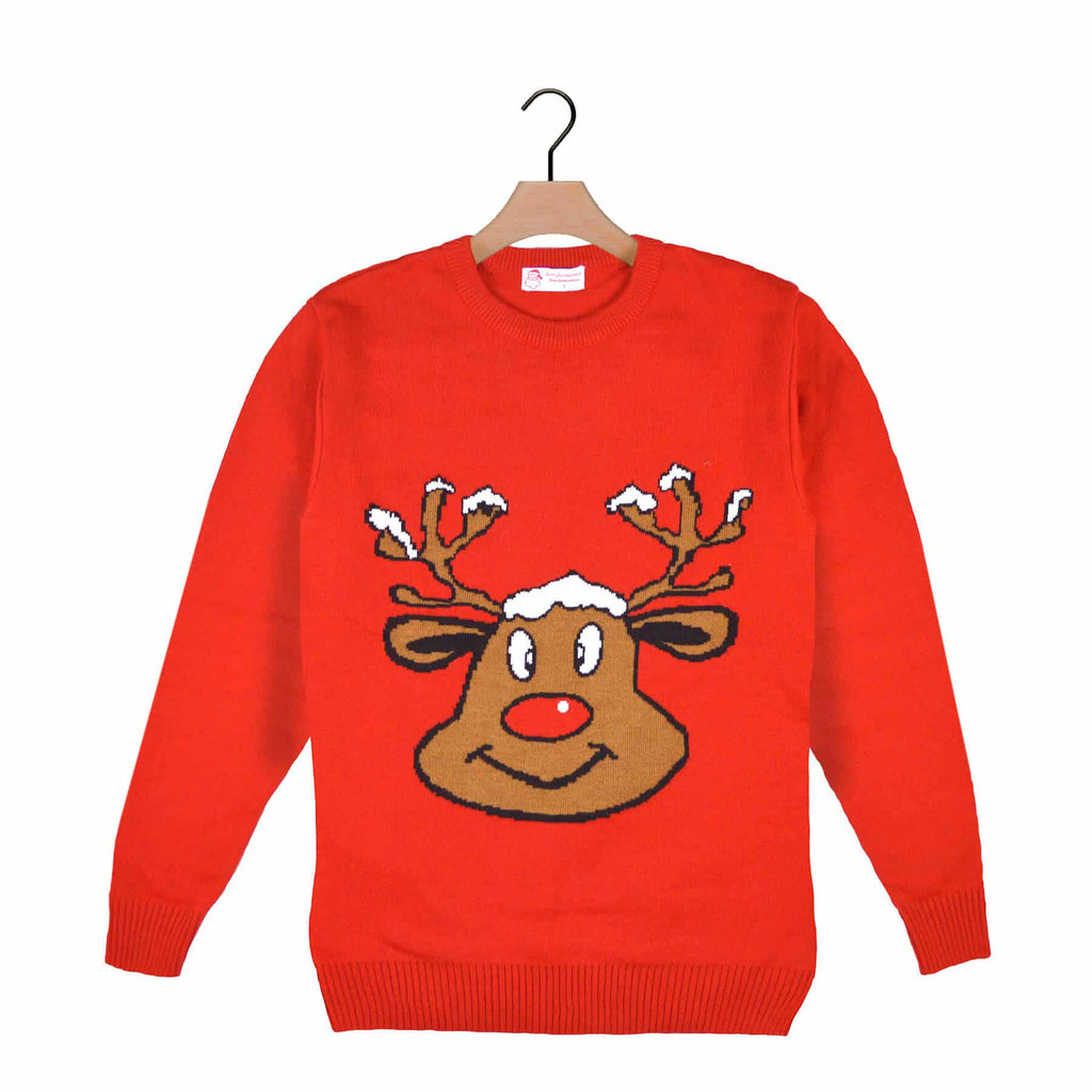 Red Ugly Christmas Sweater with Smiling Reindeer