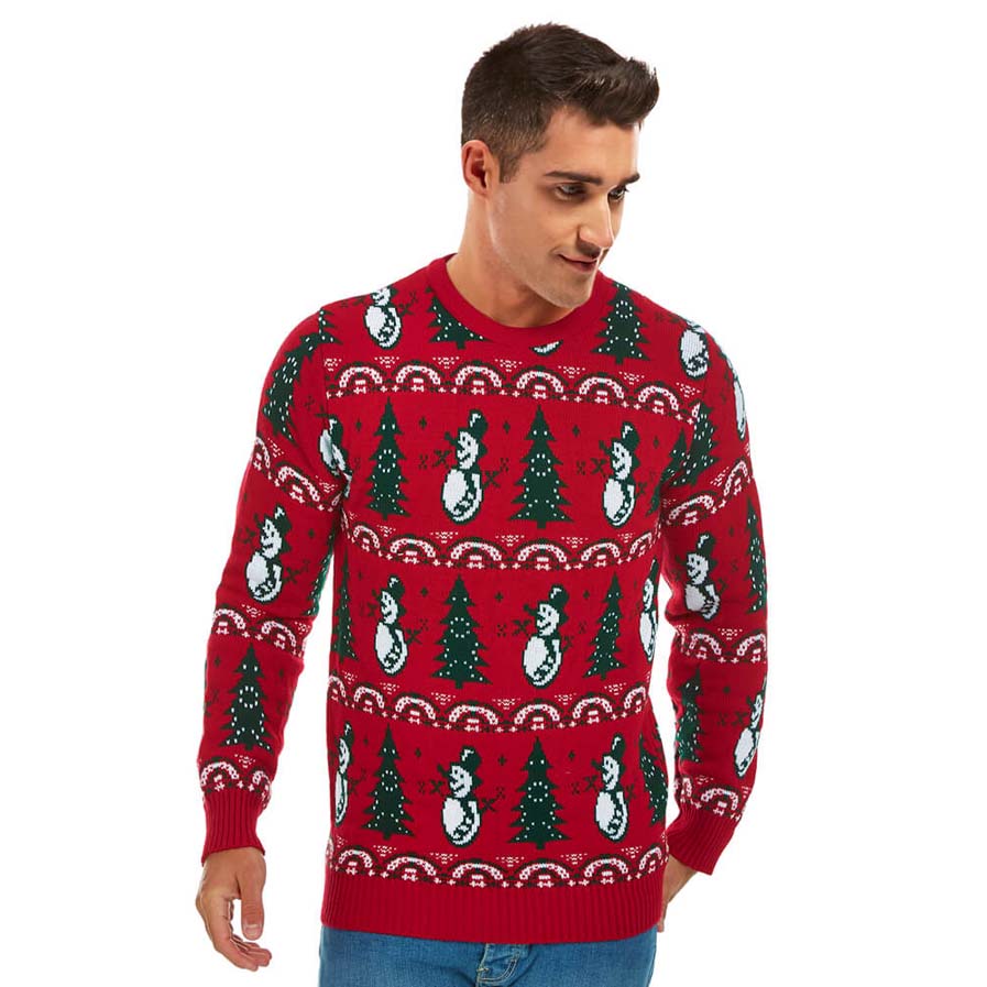 Mens Red Ugly Christmas Sweater with Trees and Snowmens