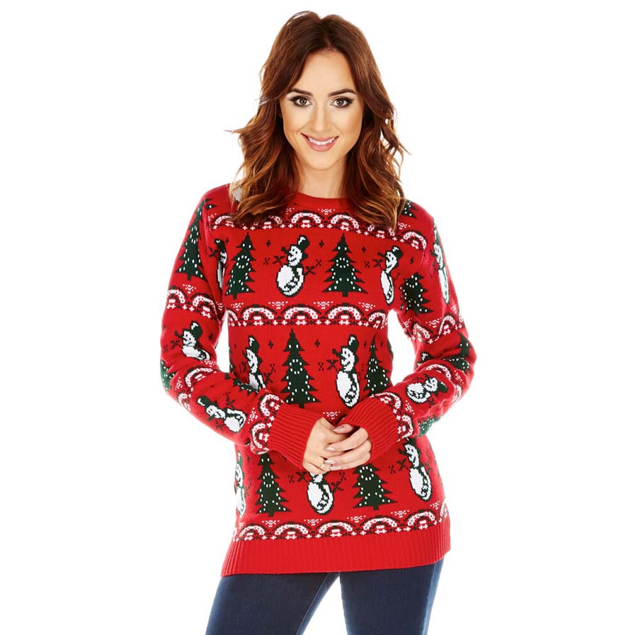 Womens Red Ugly Christmas Sweater with Trees and Snowmens