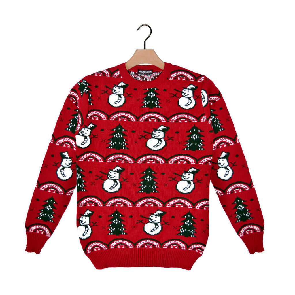Red Ugly Christmas Sweater with Trees and Snowmens