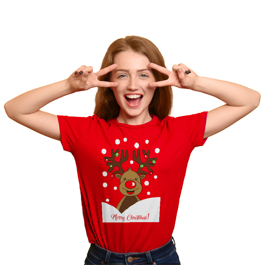 Red Mens Ugly Christmas T-Shirt with Rudolph Reindeer