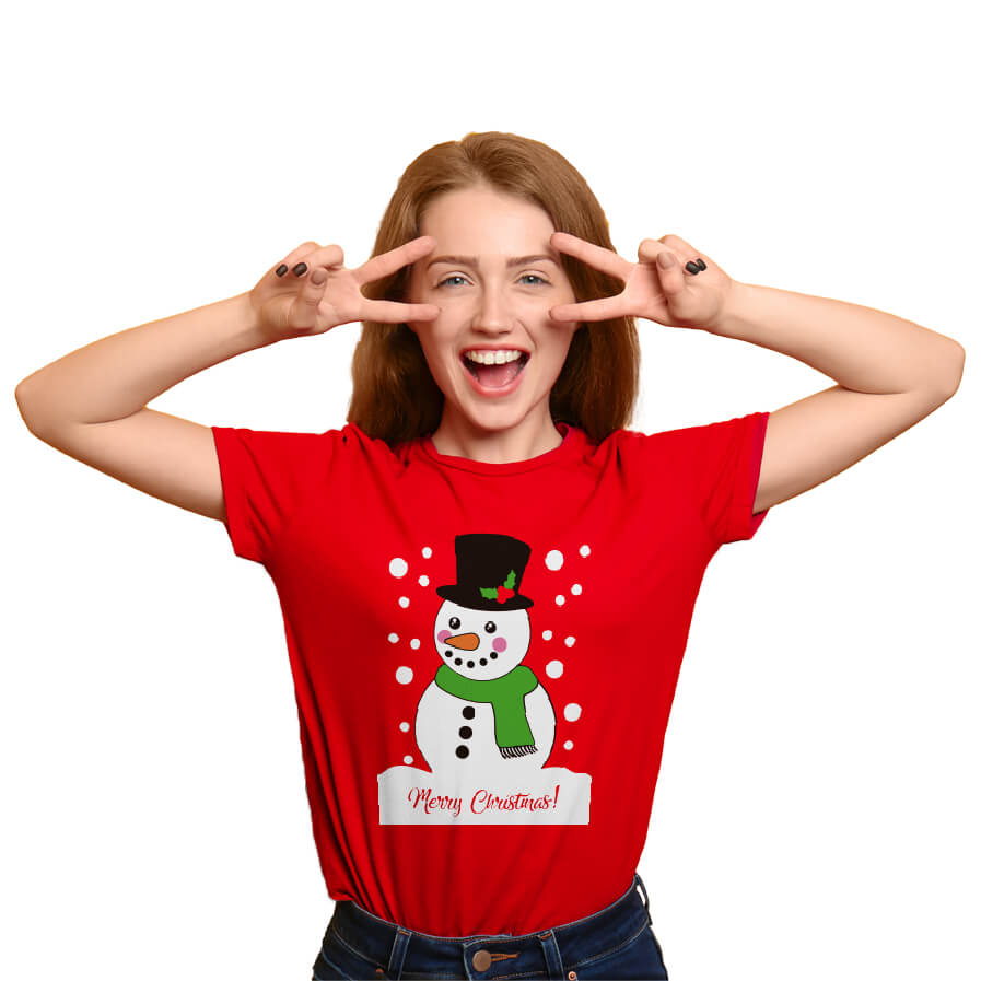Red Womens Ugly Christmas T-Shirt with Snowman