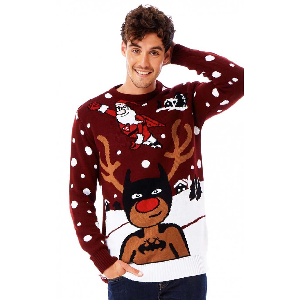 Mens Ugly Christmas Sweater with Batman Rudolph and Superman Santa
