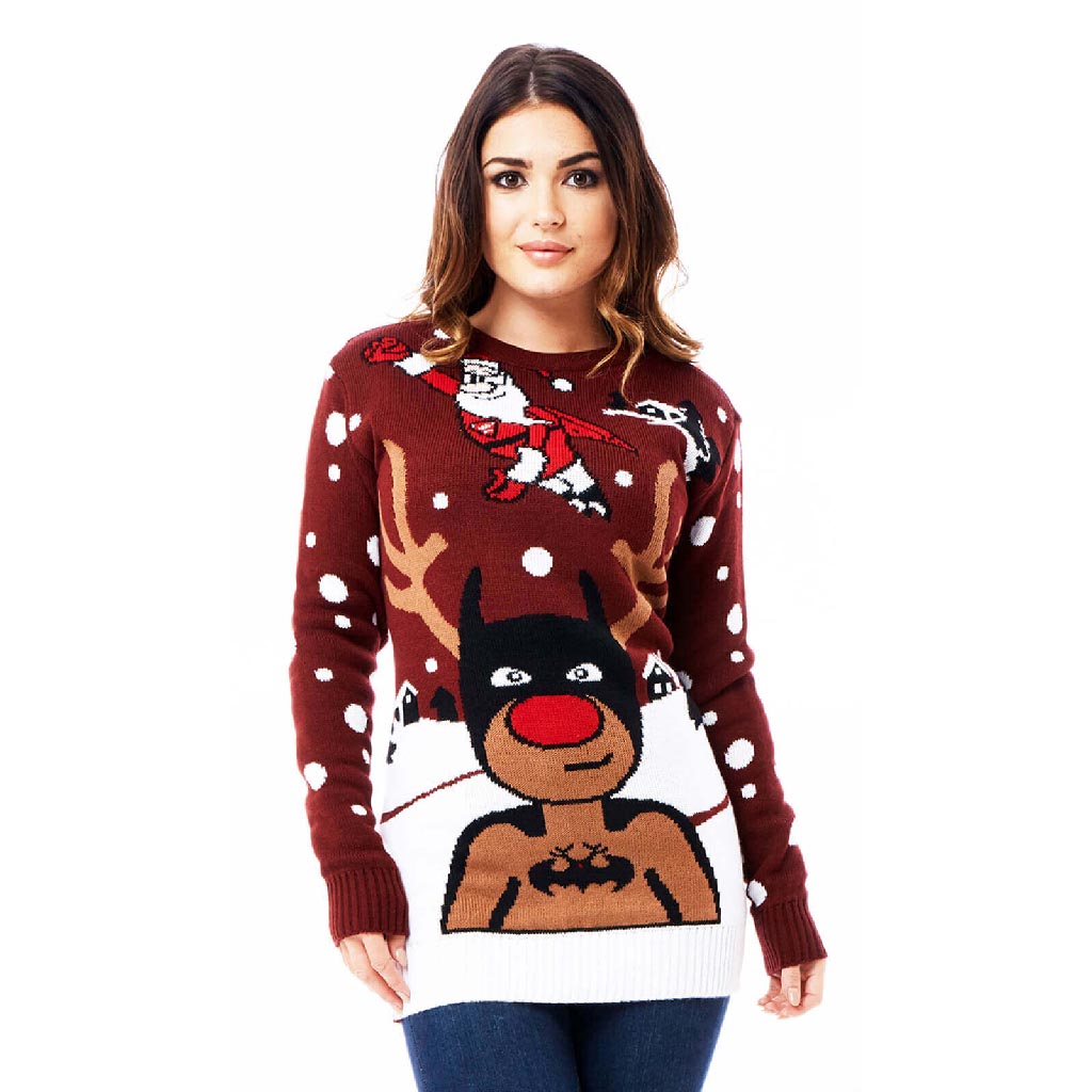 Womens Ugly Christmas Sweater with Batman Rudolph and Superman Santa