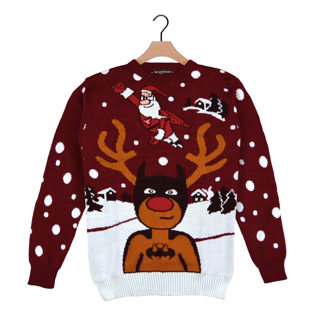 Ugly Christmas Sweater with Batman Rudolph and Superman Santa