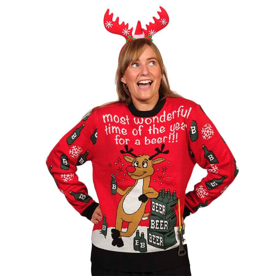 Womens Ugly Christmas Sweater with Reindeer + Beer Opener
