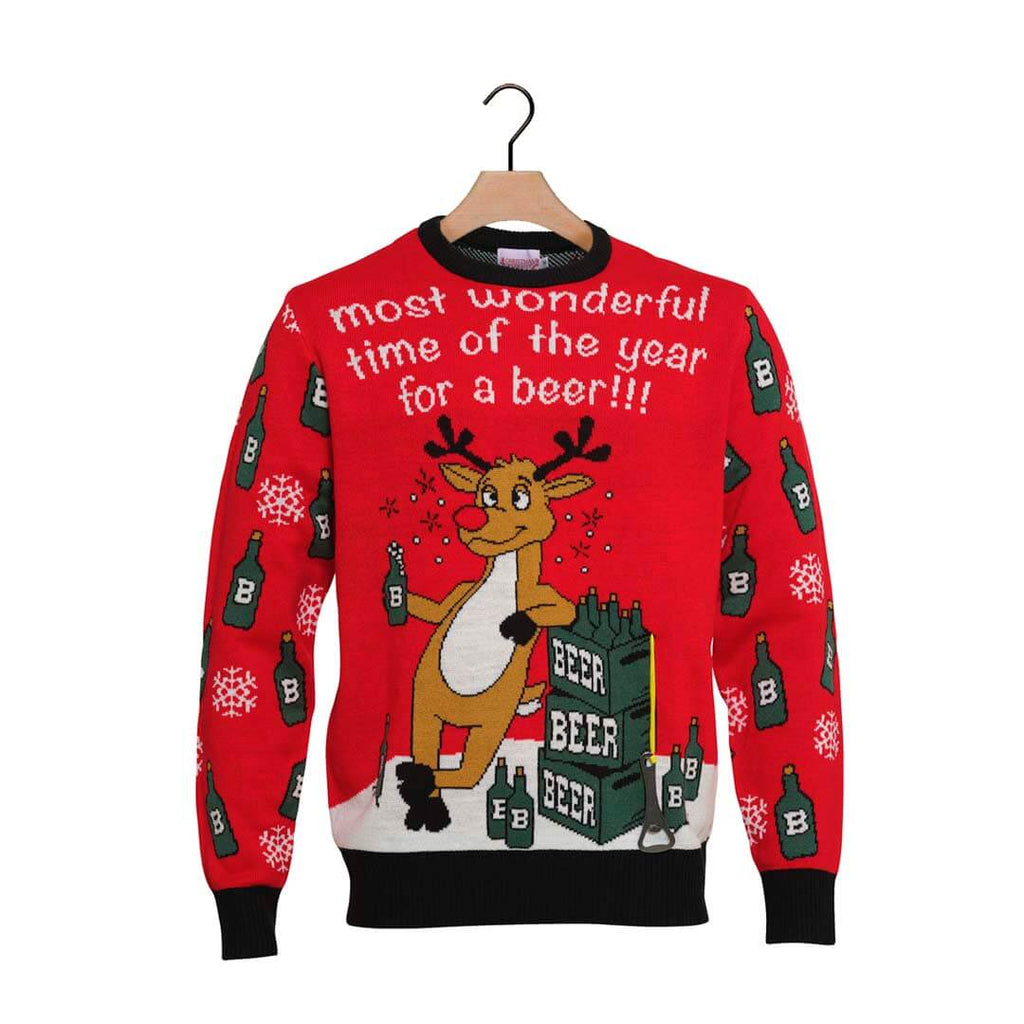 Ugly Christmas Sweater with Reindeer + Beer Opener