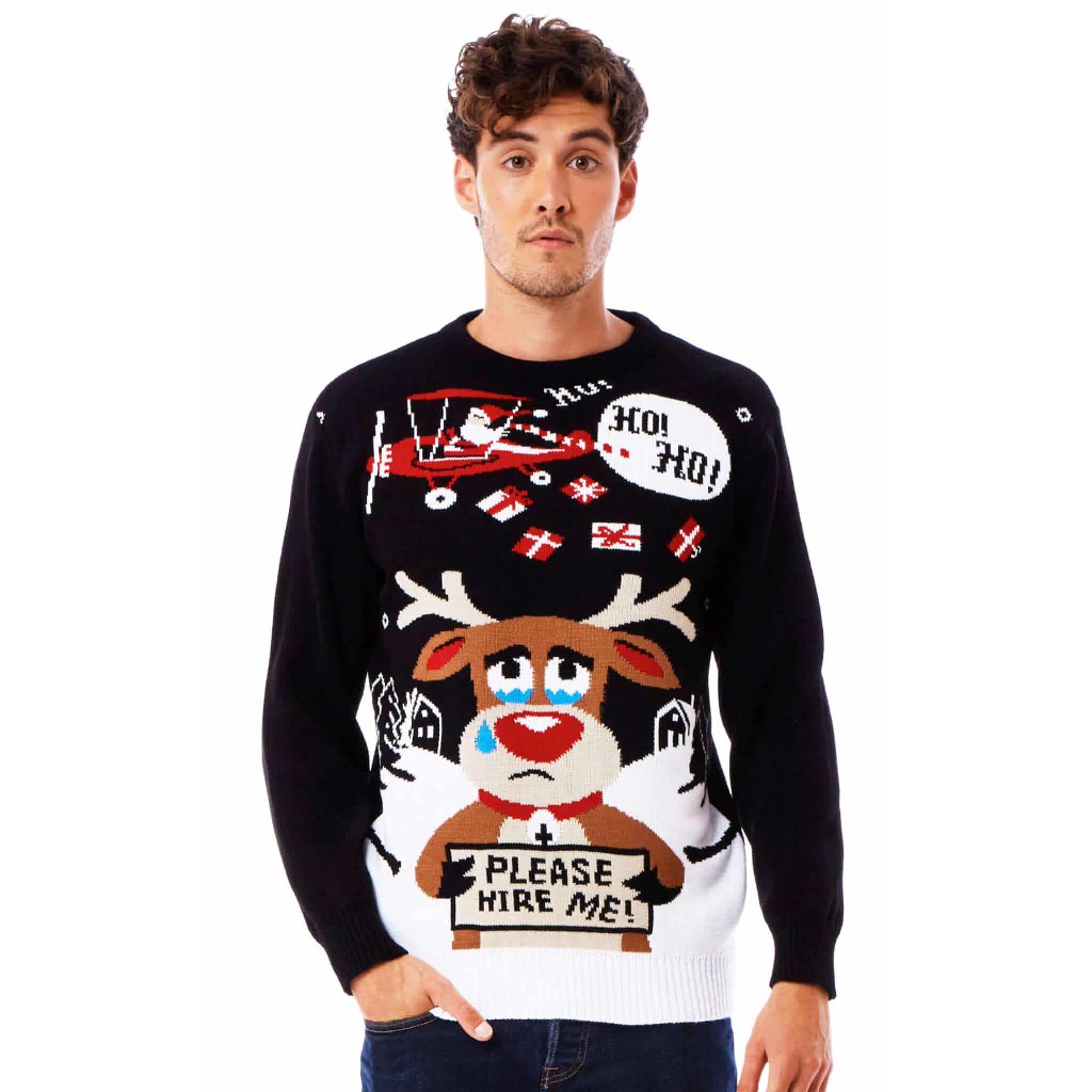 Mens Ugly Christmas Sweater with Reindeer looking for a Job