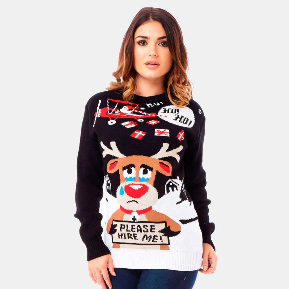 Womens Ugly Christmas Sweater with Reindeer looking for a Job