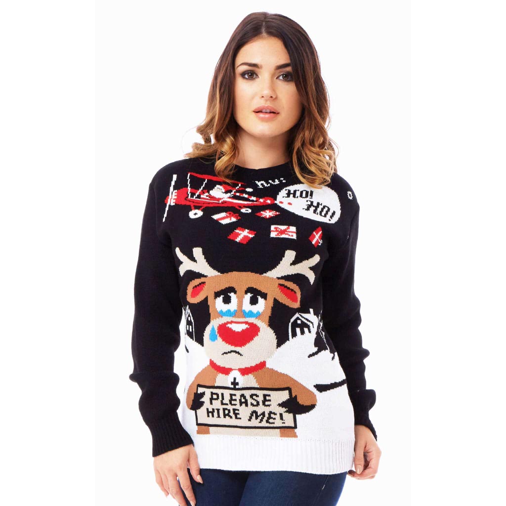 Womens Ugly Christmas Sweater with Reindeer looking for a Job