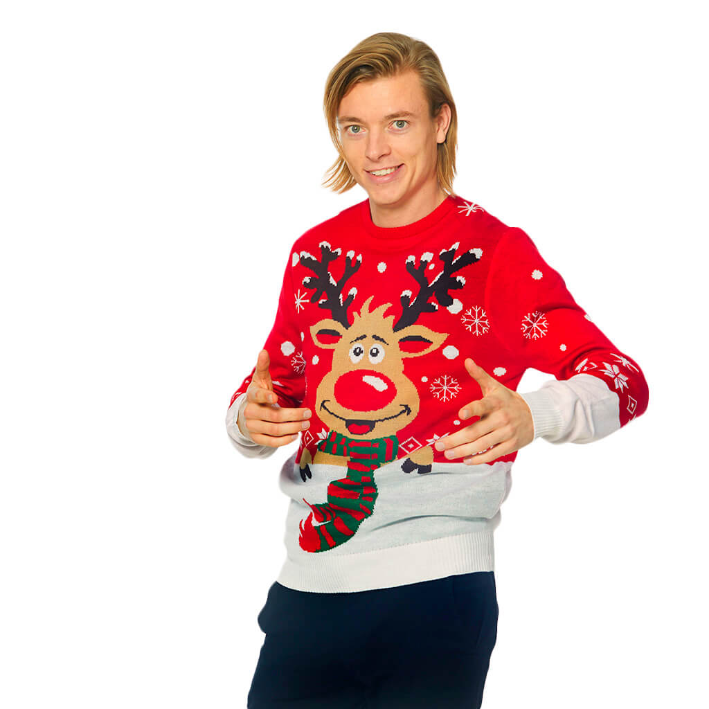 Mens Ugly Christmas Sweater with Reindeer with Scarf