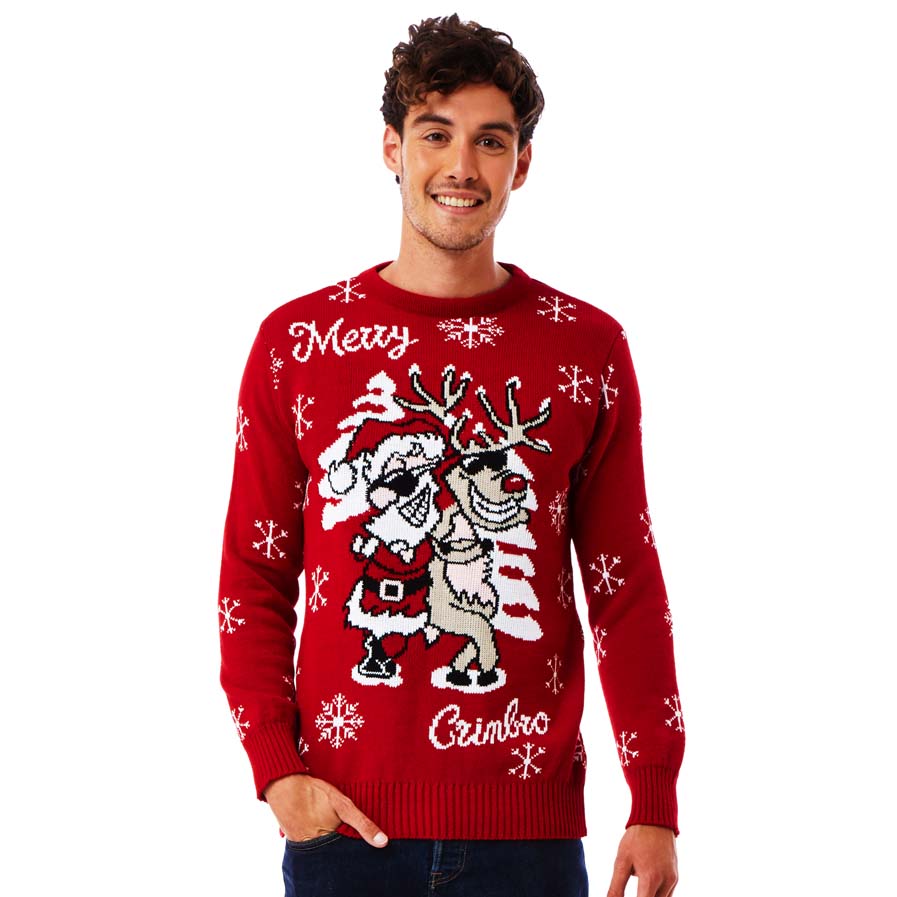 Mens Ugly Christmas Sweater Santa and Reindeer with Sunglasses