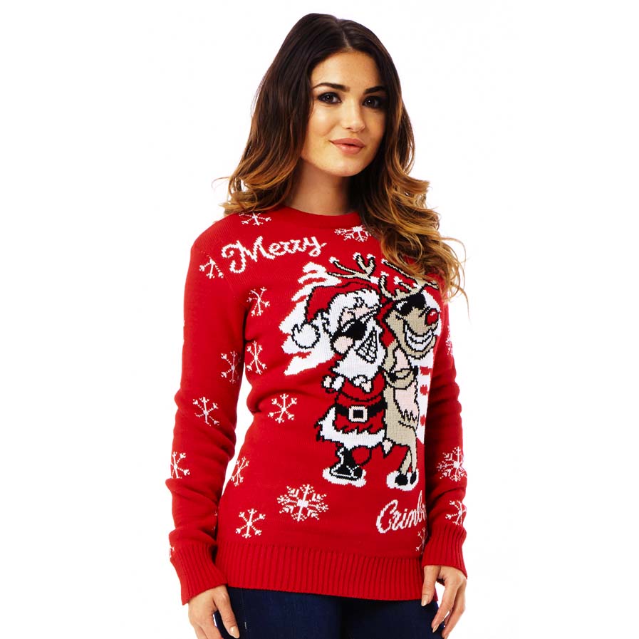Womens Ugly Christmas Sweater Santa and Reindeer with Sunglasses