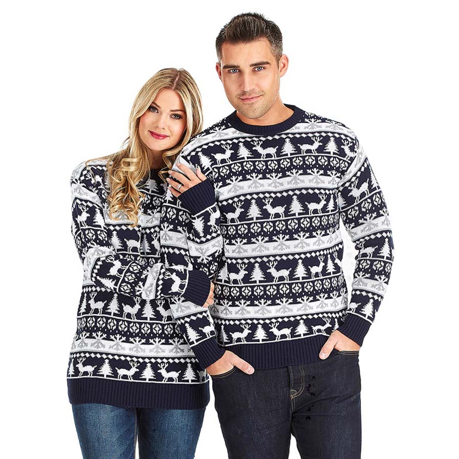 Couples Ugly Christmas Sweater with Reindeers and Trees Strips 2021