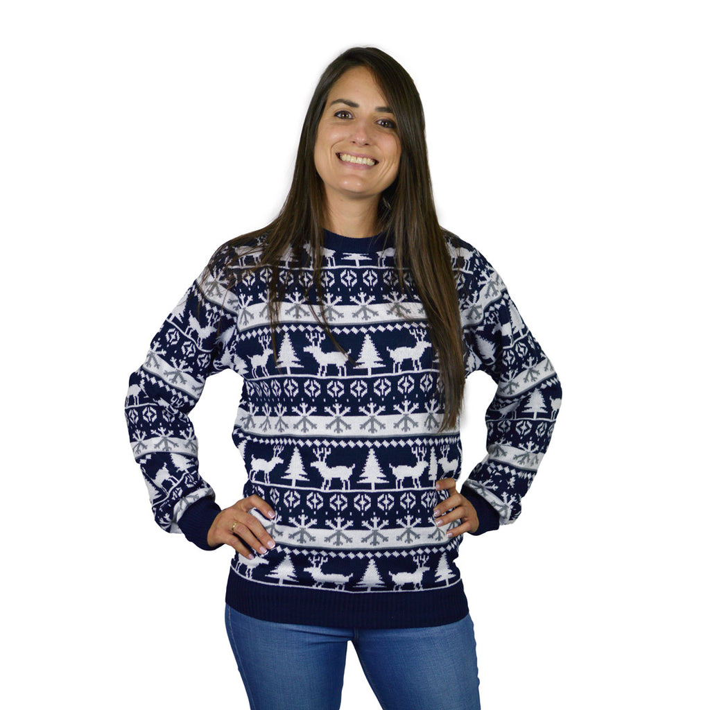 Womens Ugly Christmas Sweater with Reindeers and Trees Strips