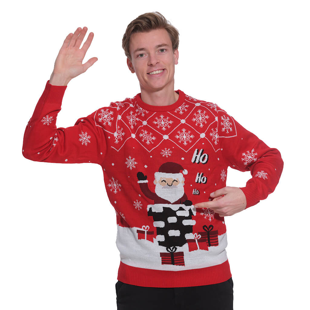 Mens Ugly Christmas Sweater with Santa Coming through the Chimney