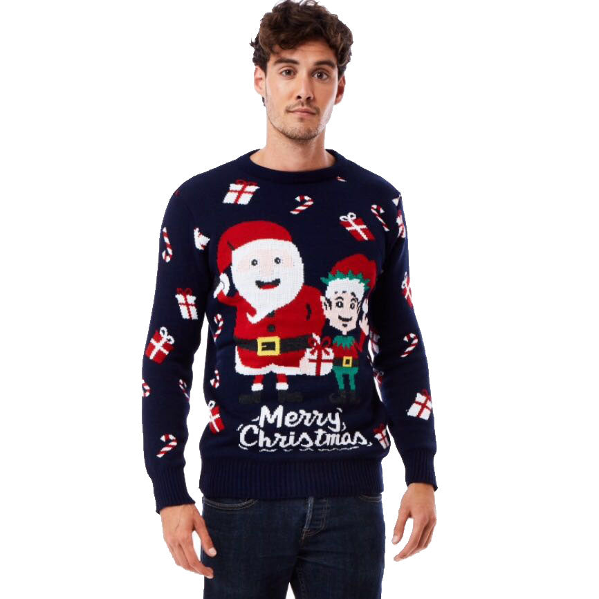 Mens Ugly Christmas Sweater with Santa and Elf