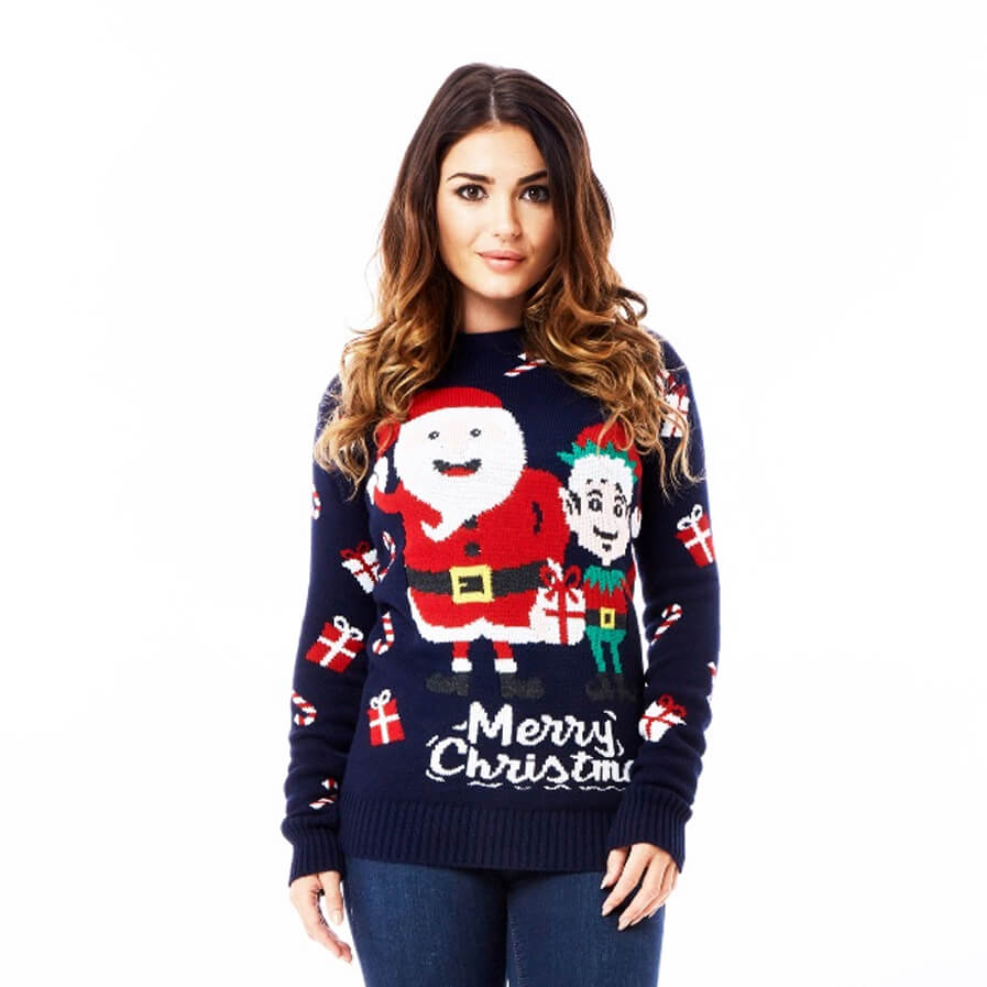 Womens Ugly Christmas Sweater with Santa and Elf