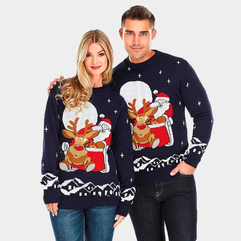 Ugly Christmas Sweater with Santa and Rudolph on Sleigh – Ugly ...