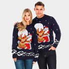 Couples Ugly Christmas Sweater with Santa and Rudolph on Sleigh