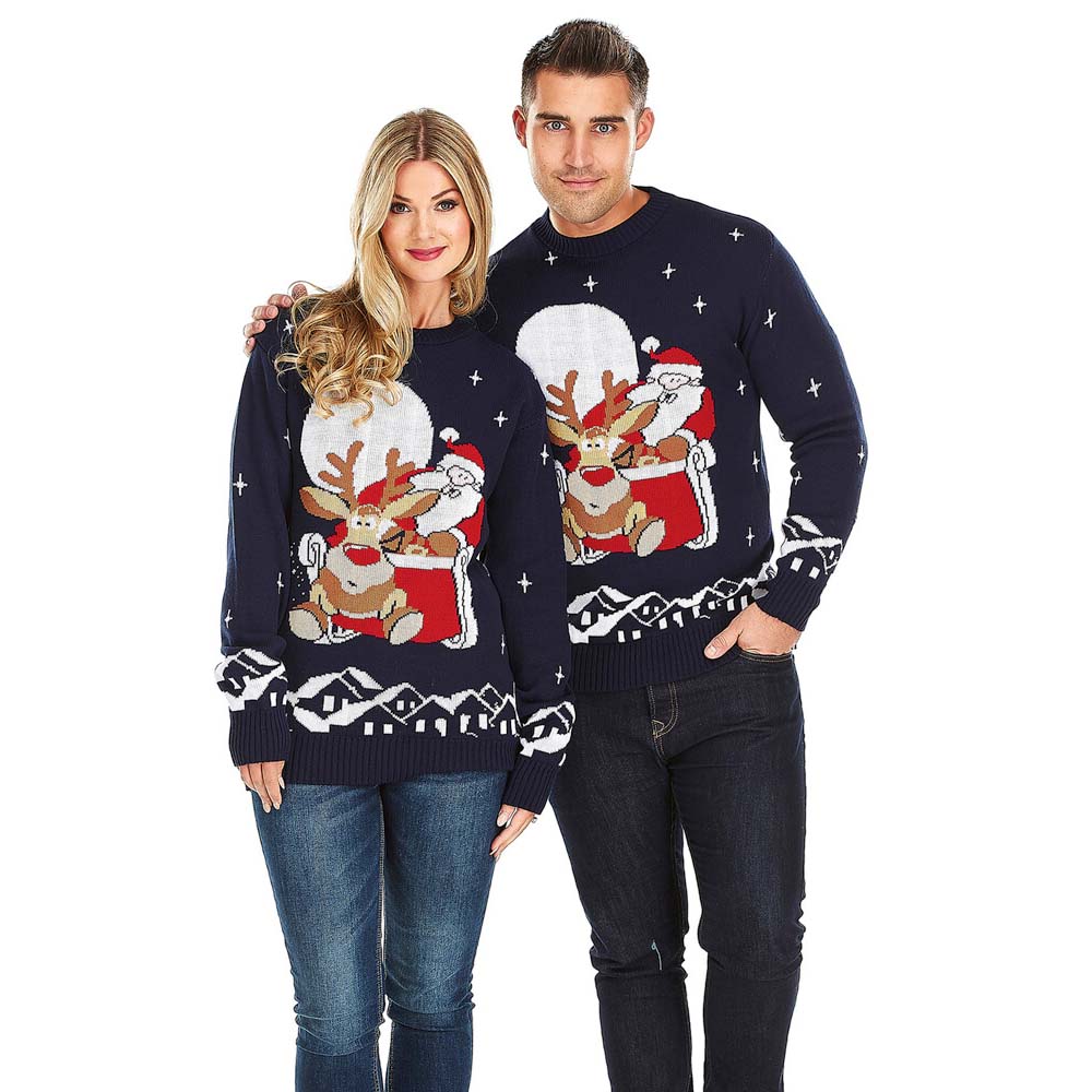 Couples Ugly Christmas Sweater with Santa and Rudolph on Sleigh