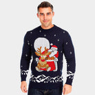 Mens Ugly Christmas Sweater with Santa and Rudolph on Sleigh