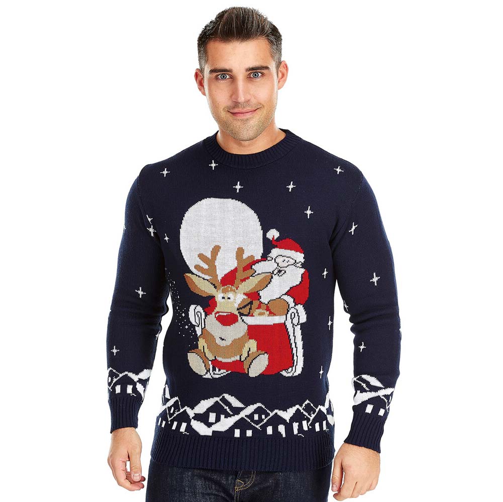 Mens Ugly Christmas Sweater with Santa and Rudolph on Sleigh