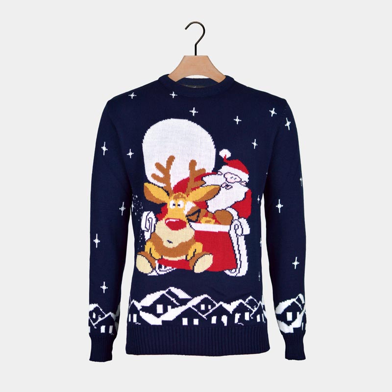 Ugly Christmas Sweater with Santa and Rudolph on Sleigh