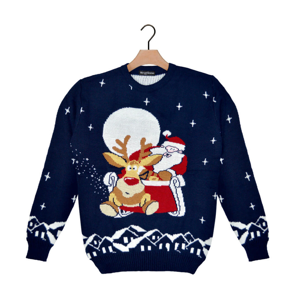 Ugly Christmas Sweater with Santa and Rudolph on Sleigh