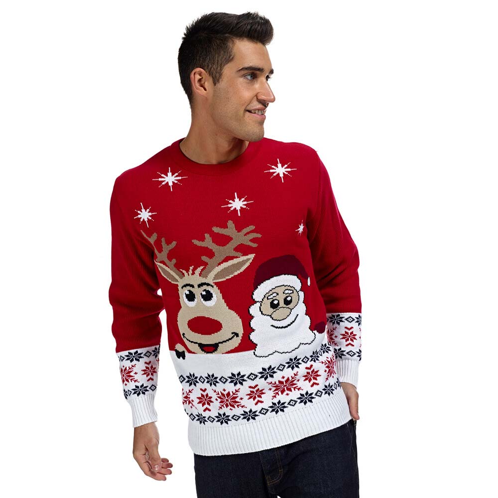 Mens Ugly Christmas Sweater with Santa and Rudolph Smiling 2021