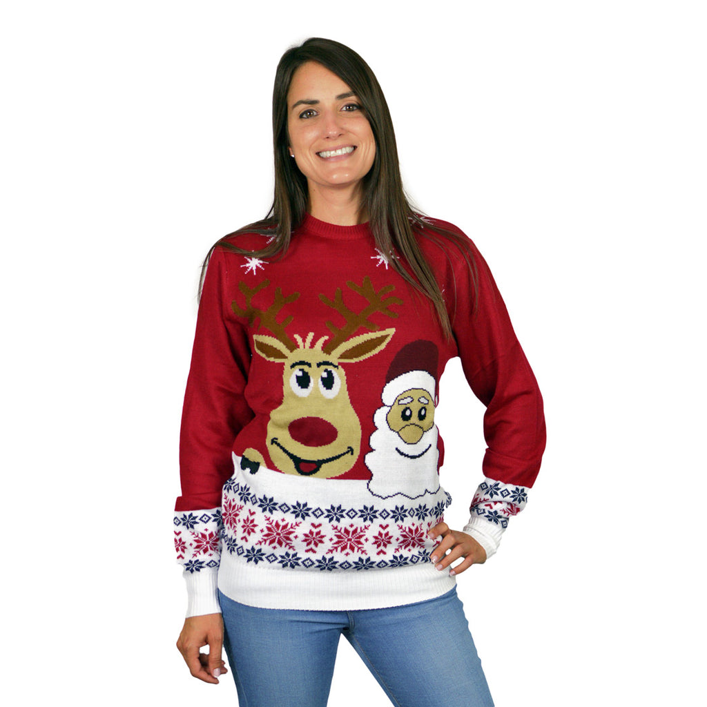 Womens Ugly Christmas Sweater with Santa and Rudolph Smiling