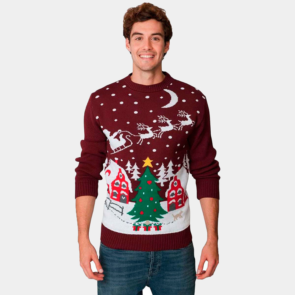 Mens Ugly Christmas Sweater Santa on Sleigh and Christmas Tree