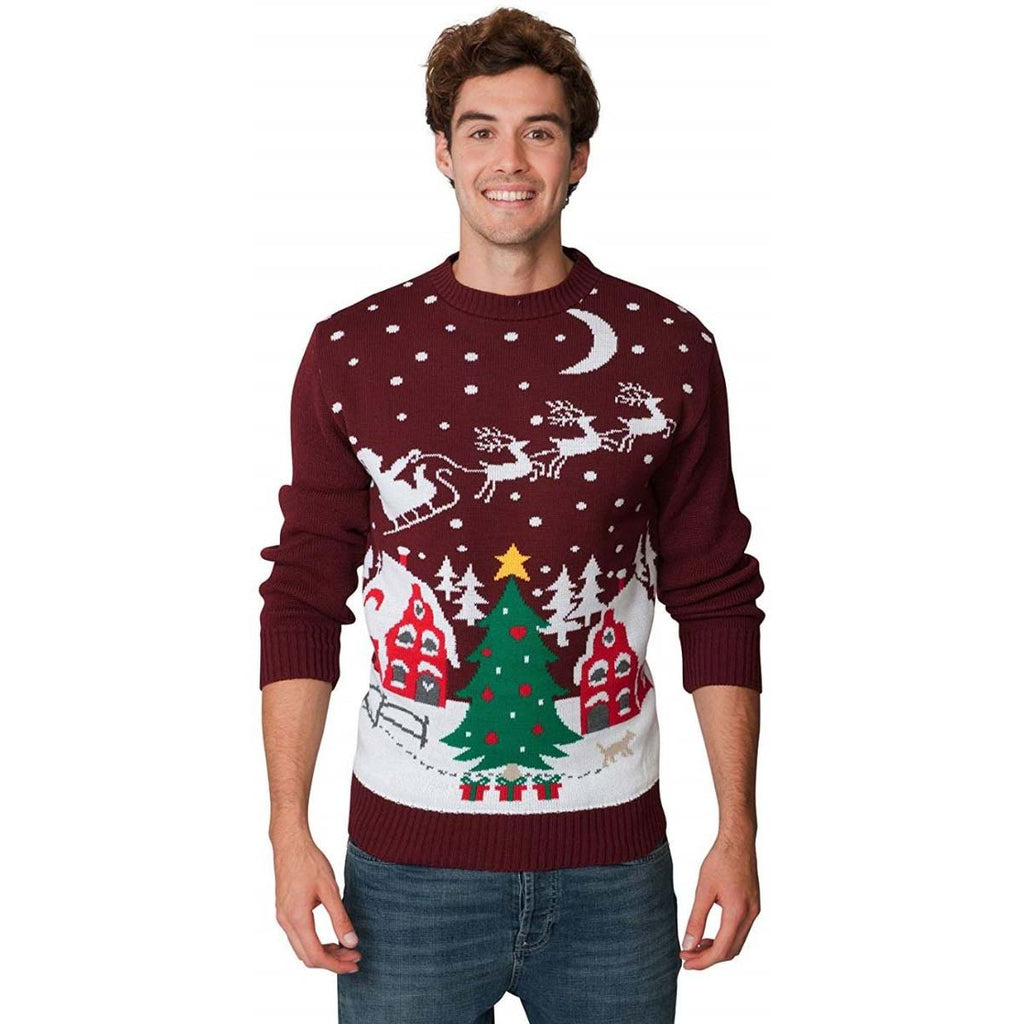 Mens Ugly Christmas Sweater Santa on Sleigh and Christmas Tree