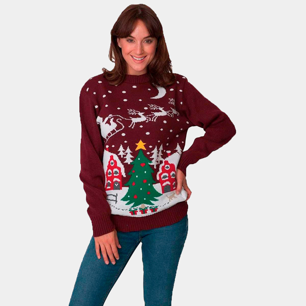 Womens Ugly Christmas Sweater Santa on Sleigh and Christmas Tree