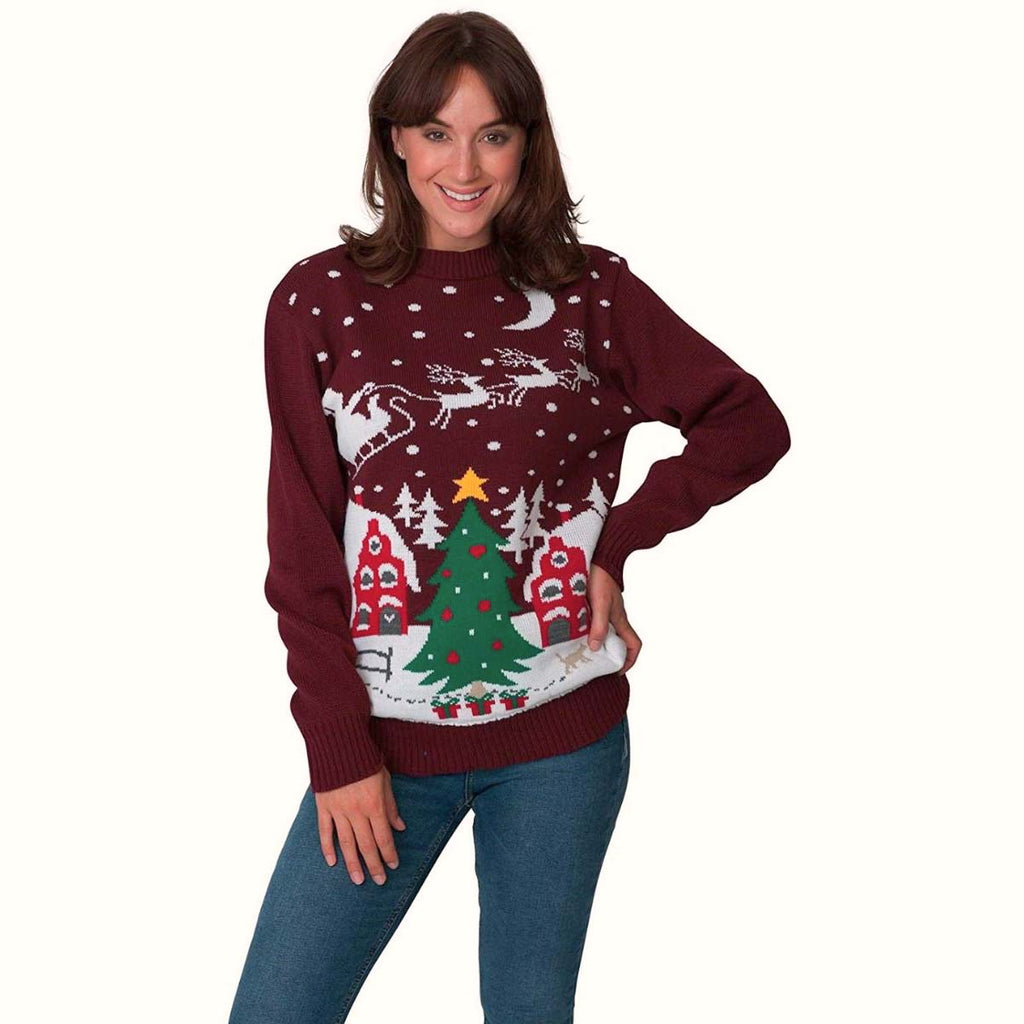 Womens Ugly Christmas Sweater Santa on Sleigh and Christmas Tree
