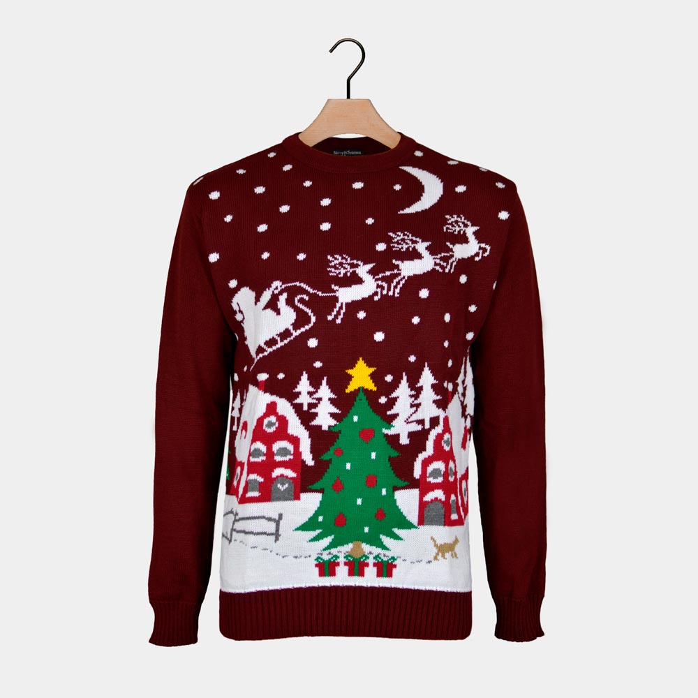 Ugly Christmas Sweater Santa on Sleigh and Christmas Tree