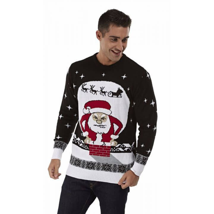 Mens Ugly Christmas Sweater with Santa stuck in the Chimney