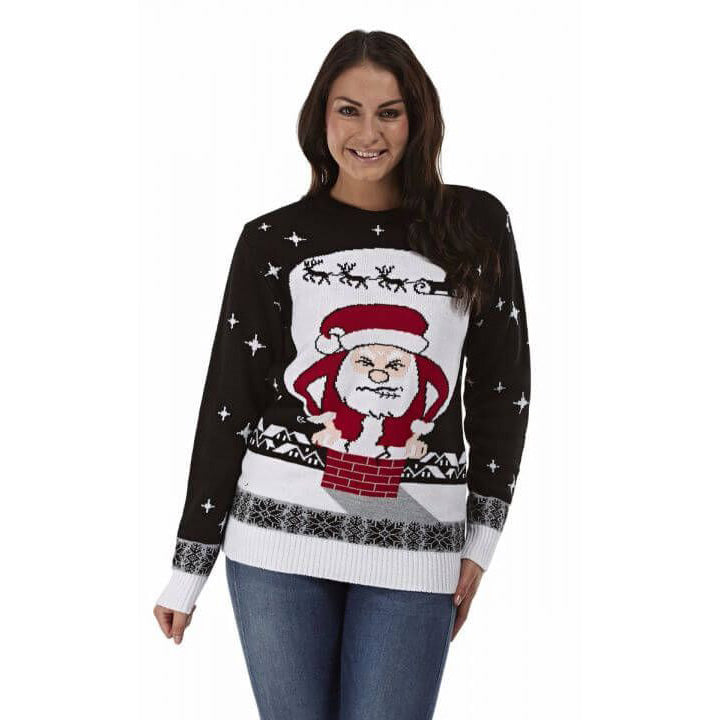 Womens Ugly Christmas Sweater with Santa stuck in the Chimney