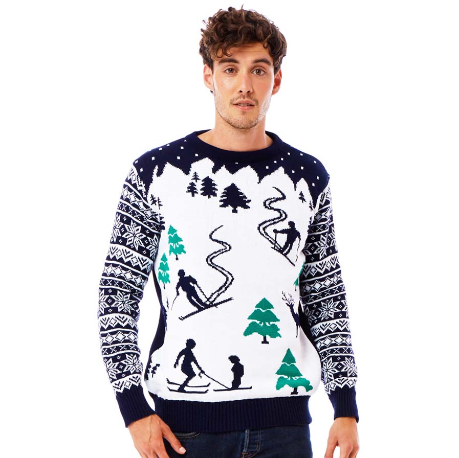 Mens Ugly Christmas Sweater with Skiers